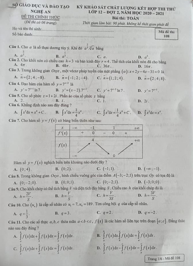 Đề thi KSCL kết hợp thi thử lớp 12 đợt 2 năm 2021 môn Toán tỉnh Nghệ An